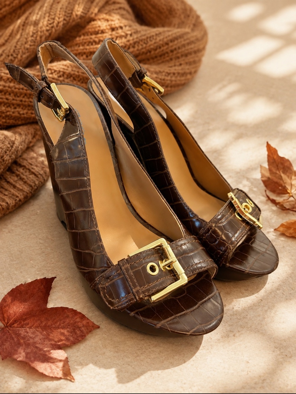 Nine West Dark Brown Croc-Embossed Slingback Heels with Gold Buckle